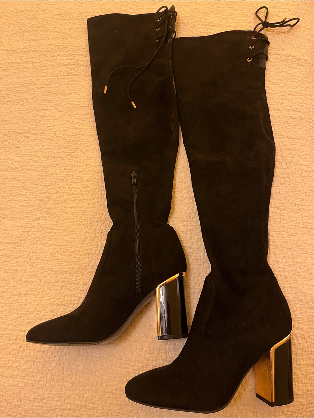 Guess Black Over-the-Knee Suede Boots with Gold Accent Heel